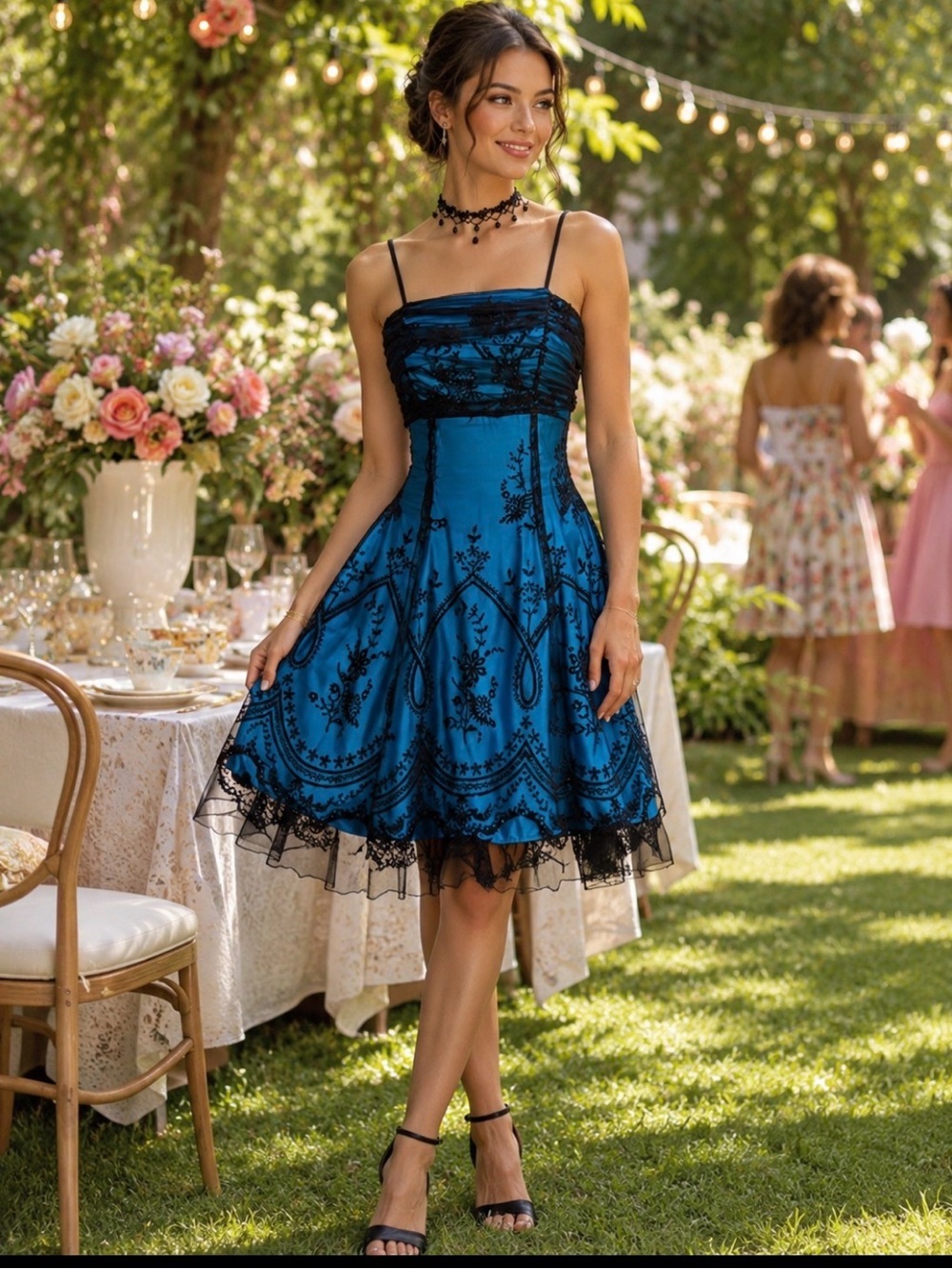 Morgan & Co Blue & Black Embroidered Cocktail Fairy-core Goth Dress sz 11/12
